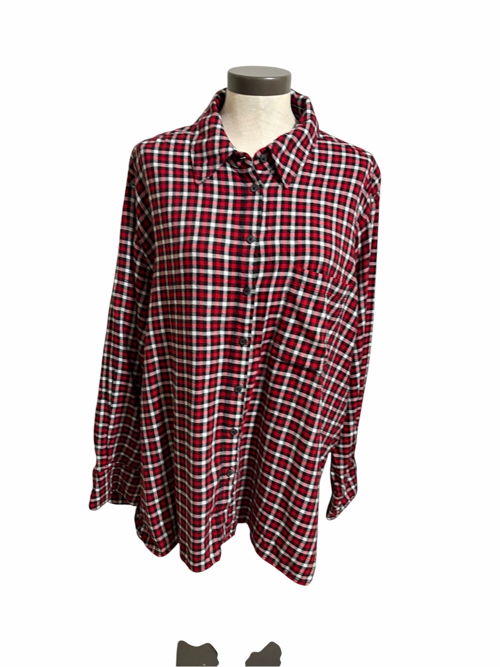 Lane Bryant Red Black White Plaid Button-Down Shirt Peasant SZ 22/24 Relaxed Fit